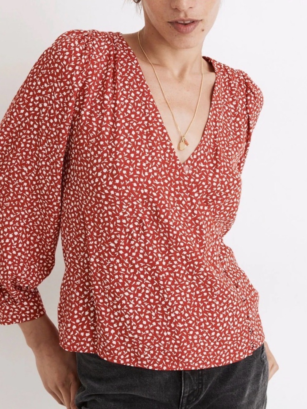 Madewell Rust-Red Printed V-Neck Blouse